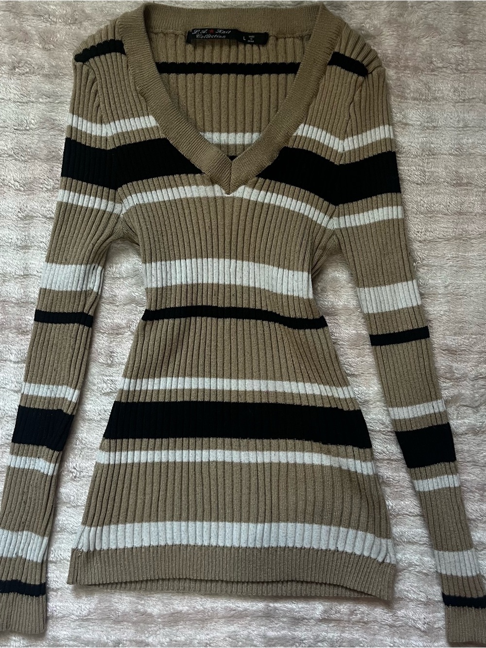 Ribbed V-Neck Body Con Striped Sweater Top - Camel/Black/White